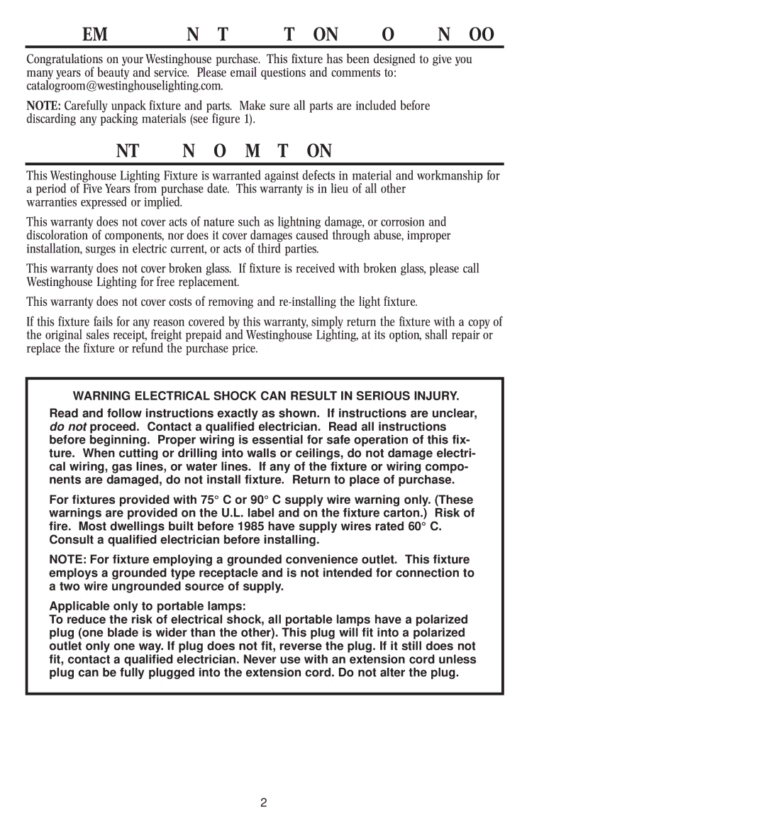 Westinghouse 12804 owner manual Warranty Information, Assembly Instructions for Indoor Light Fixture 