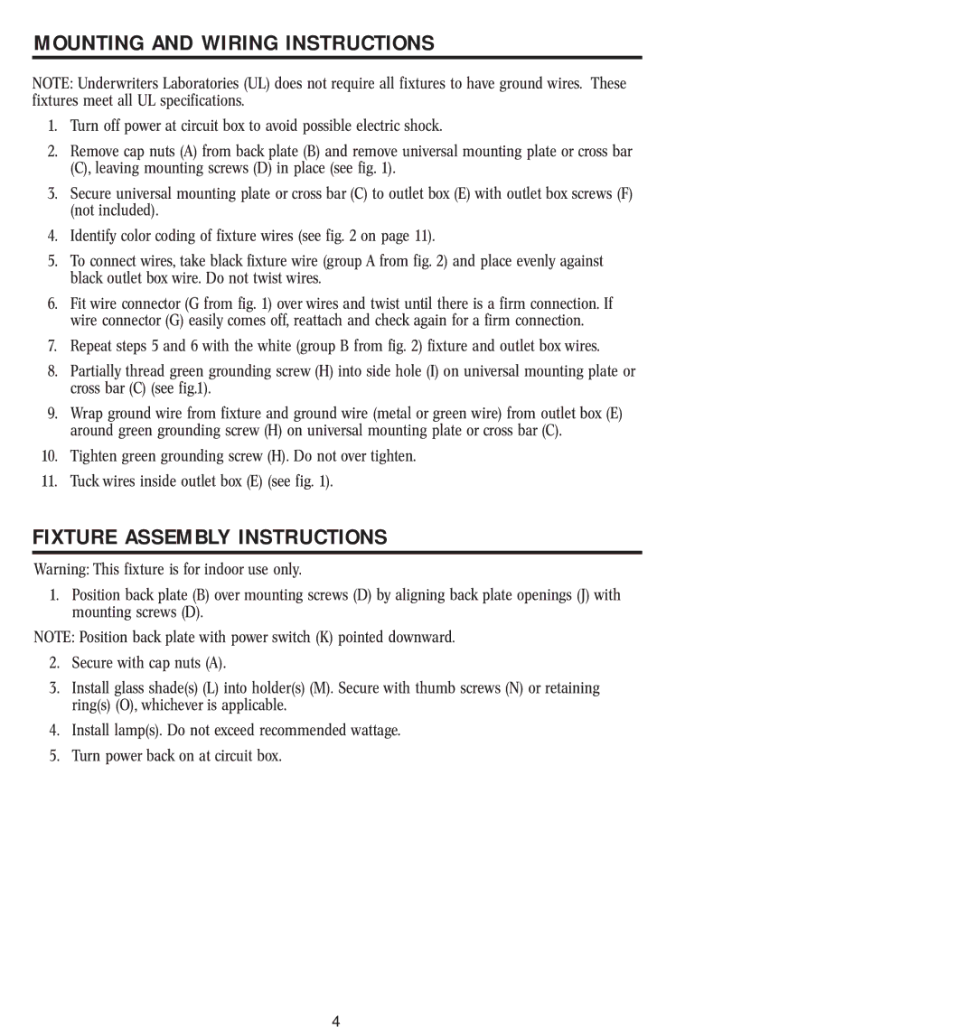 Westinghouse 12804 owner manual Mounting and Wiring Instructions, Fixture Assembly Instructions 