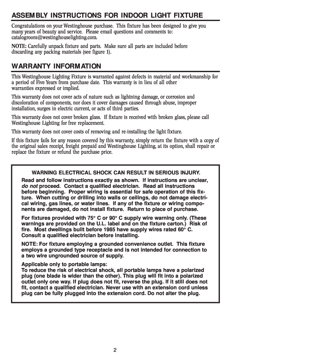 Westinghouse 12804 owner manual Warranty Information, Assembly Instructions For Indoor Light Fixture 