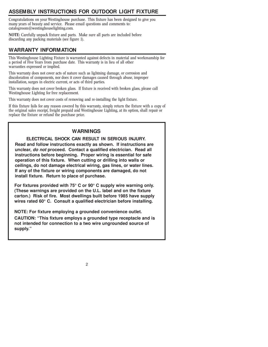 Westinghouse 20204 owner manual Warranty Information, Electrical Shock can Result in Serious Injury 