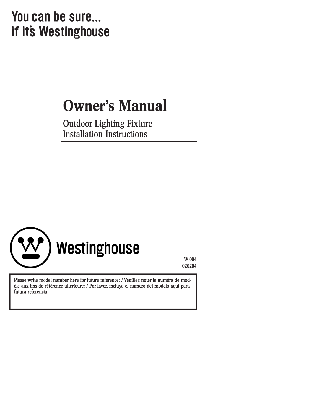 Westinghouse 20204 owner manual Outdoor Lighting Fixture, Installation Instructions 