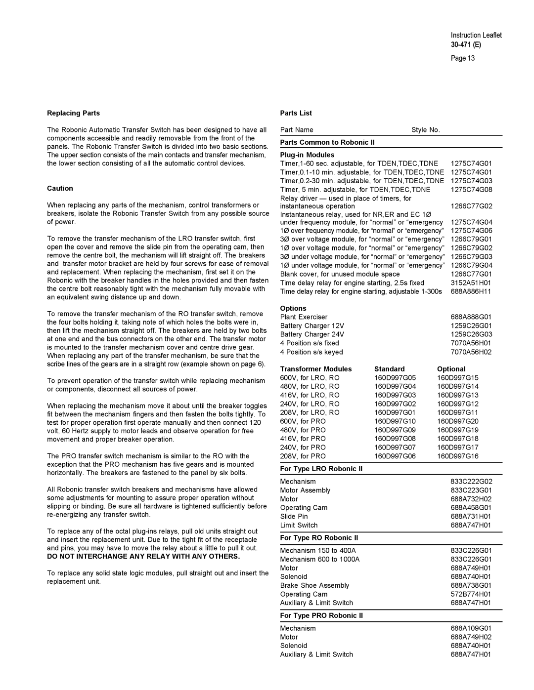 Westinghouse 30-471 (E) Replacing Parts, Parts List, Parts Common to Robonic Plug-in Modules, Options, For Type RO Robonic 