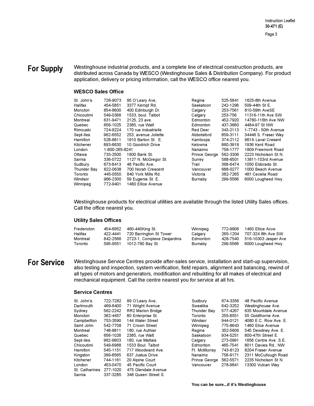 Westinghouse 30-471 (E) warranty For Supply, You can be sure...if it’s Westinghouse 