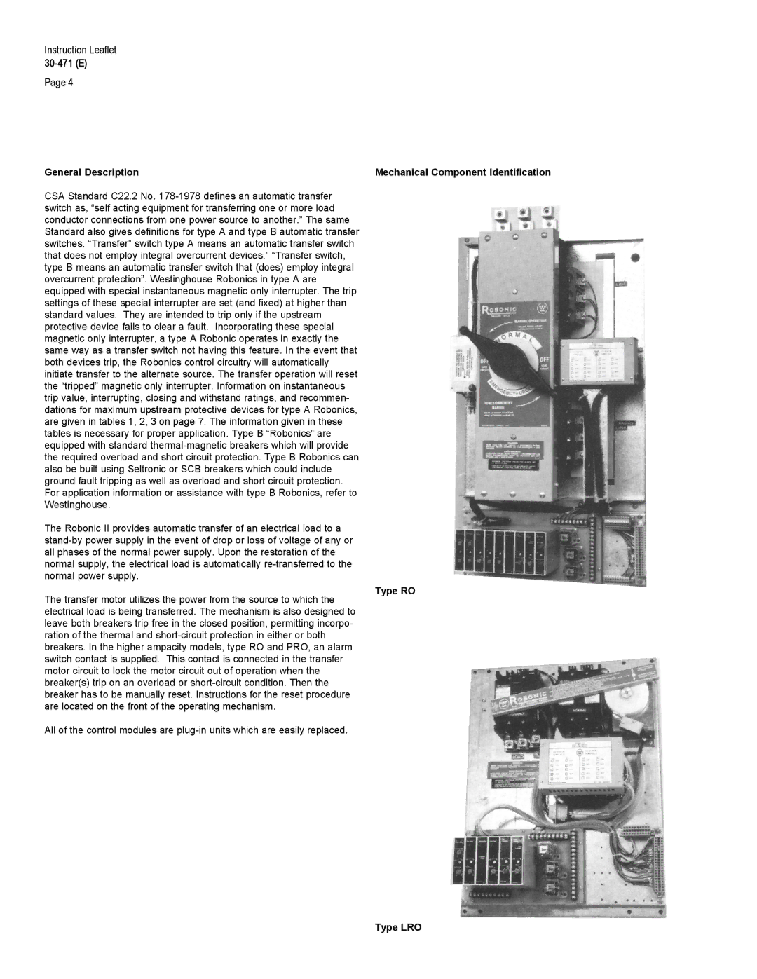 Westinghouse 30-471 (E) warranty General Description, Type RO Type LRO 