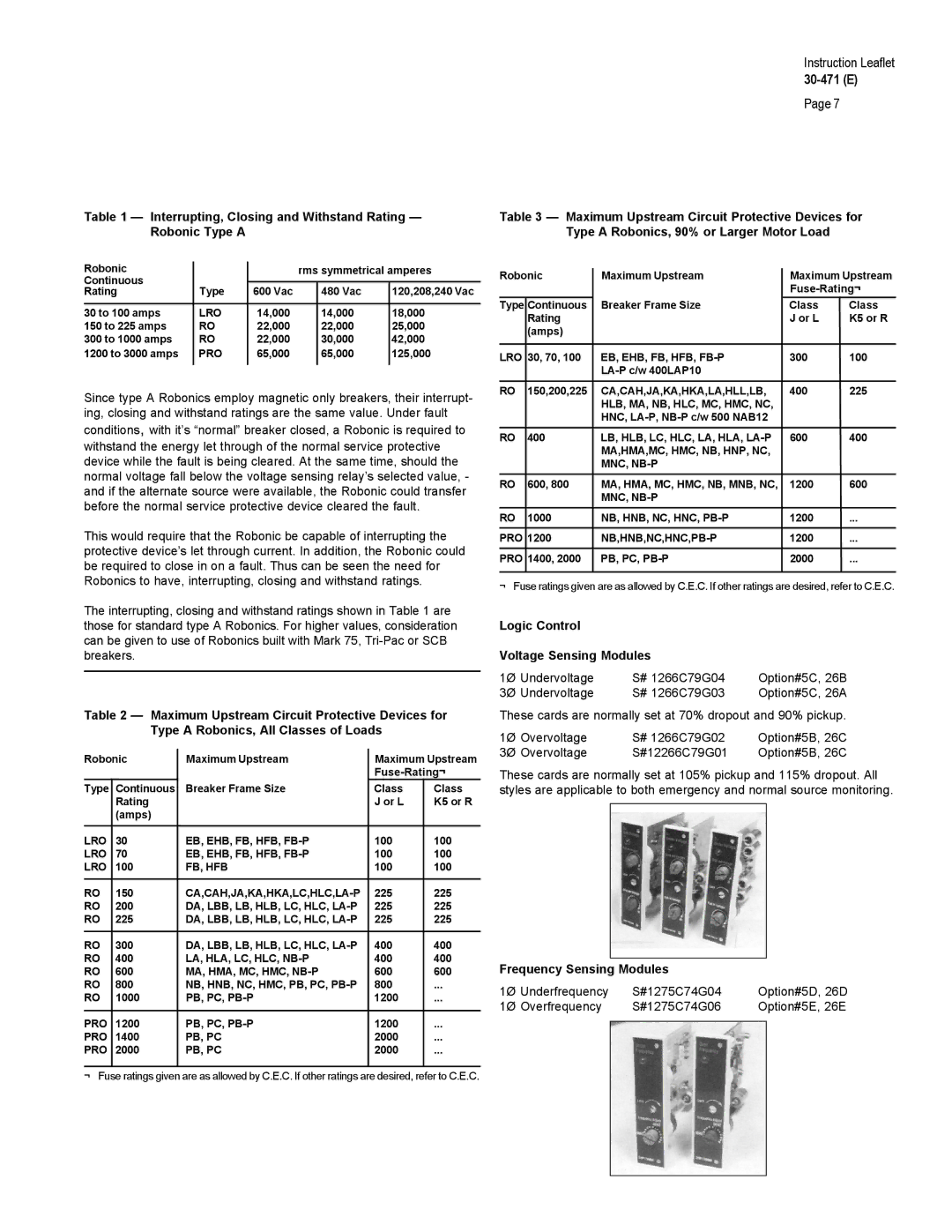 Westinghouse 30-471 (E) Interrupting, Closing and Withstand Rating Robonic Type a, Logic Control Voltage Sensing Modules 