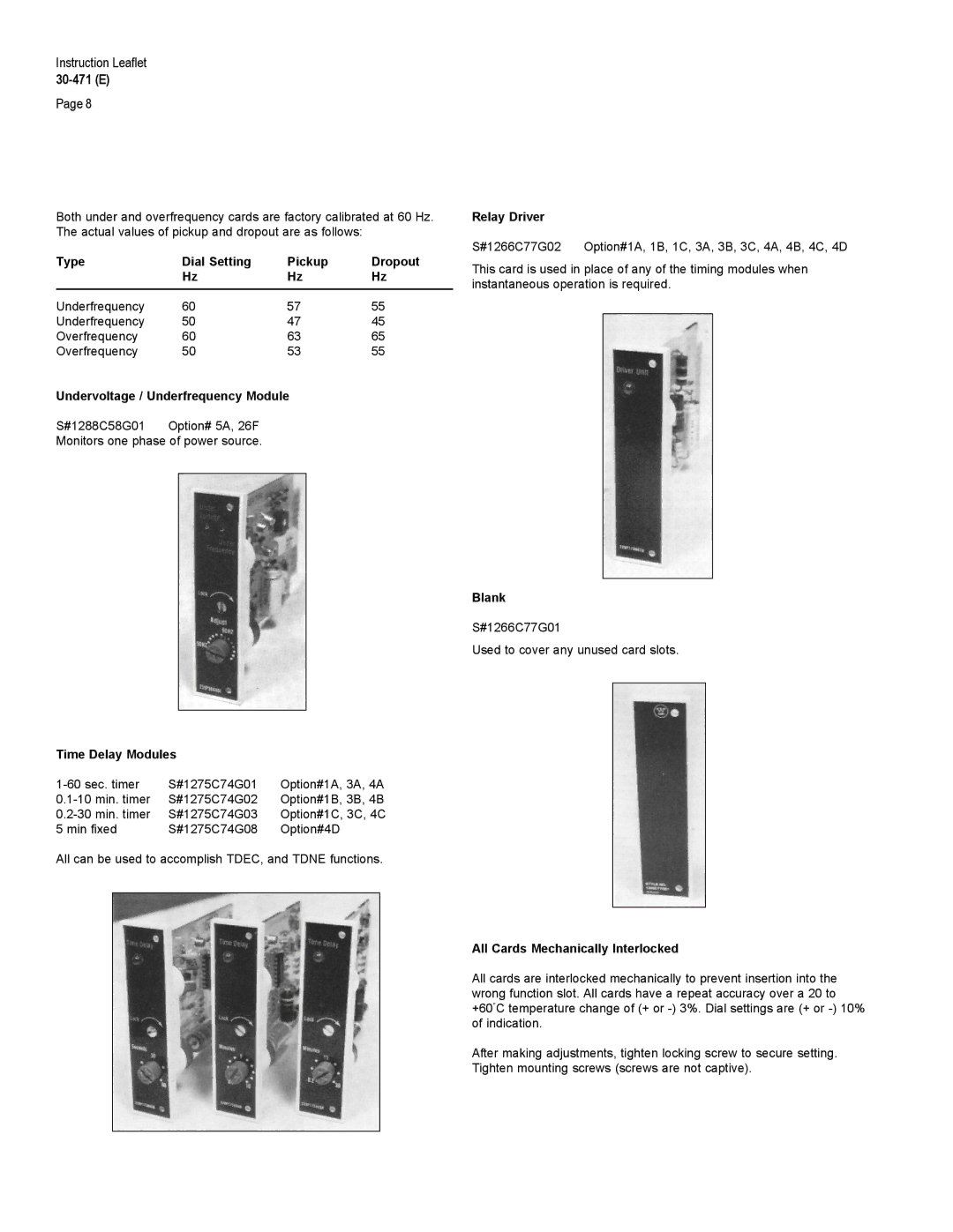 Westinghouse 30-471 (E) Type Dial Setting Pickup Dropout, Undervoltage / Underfrequency Module, Time Delay Modules, Blank 