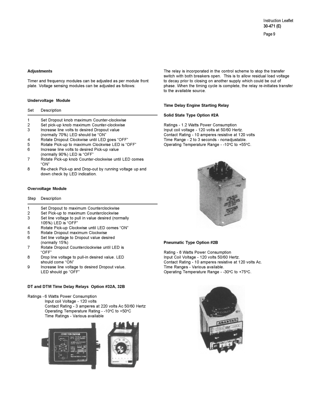 Westinghouse 30-471 (E) warranty Adjustments, Undervoltage Module, Overvoltage Module, Pneumatic Type Option #2B 