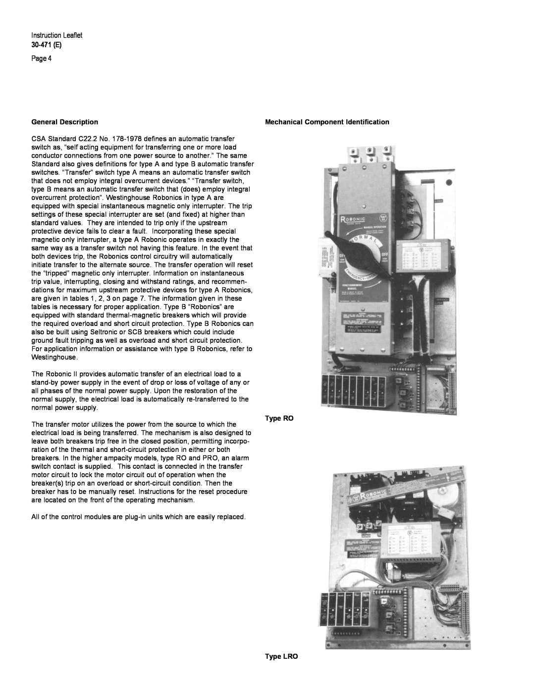 Westinghouse 30-471 (E) warranty 30-471 E, General Description, Type RO, Type LRO, Mechanical Component Identification 