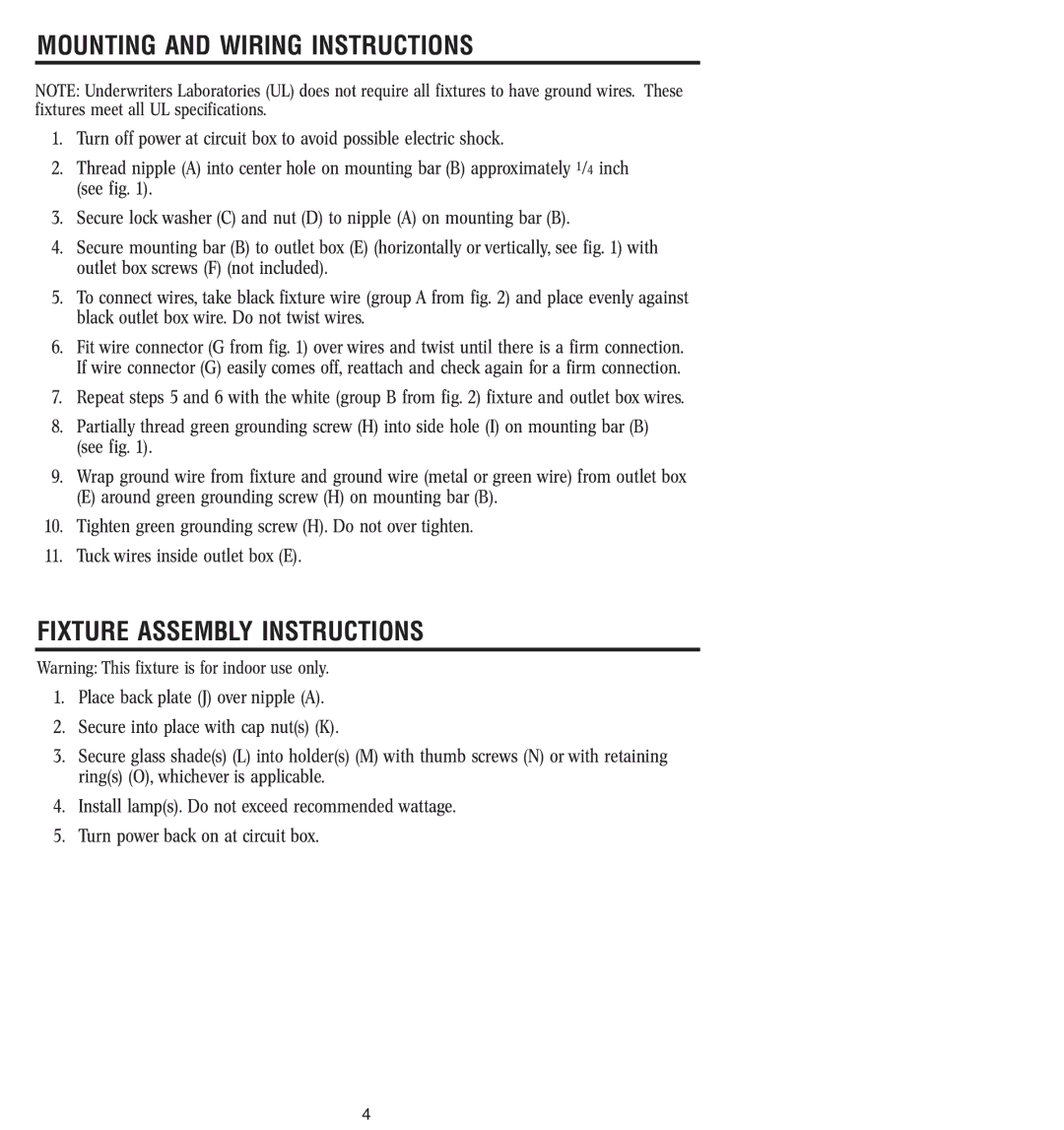 Westinghouse 30404 owner manual Mounting and Wiring Instructions, Fixture Assembly Instructions 