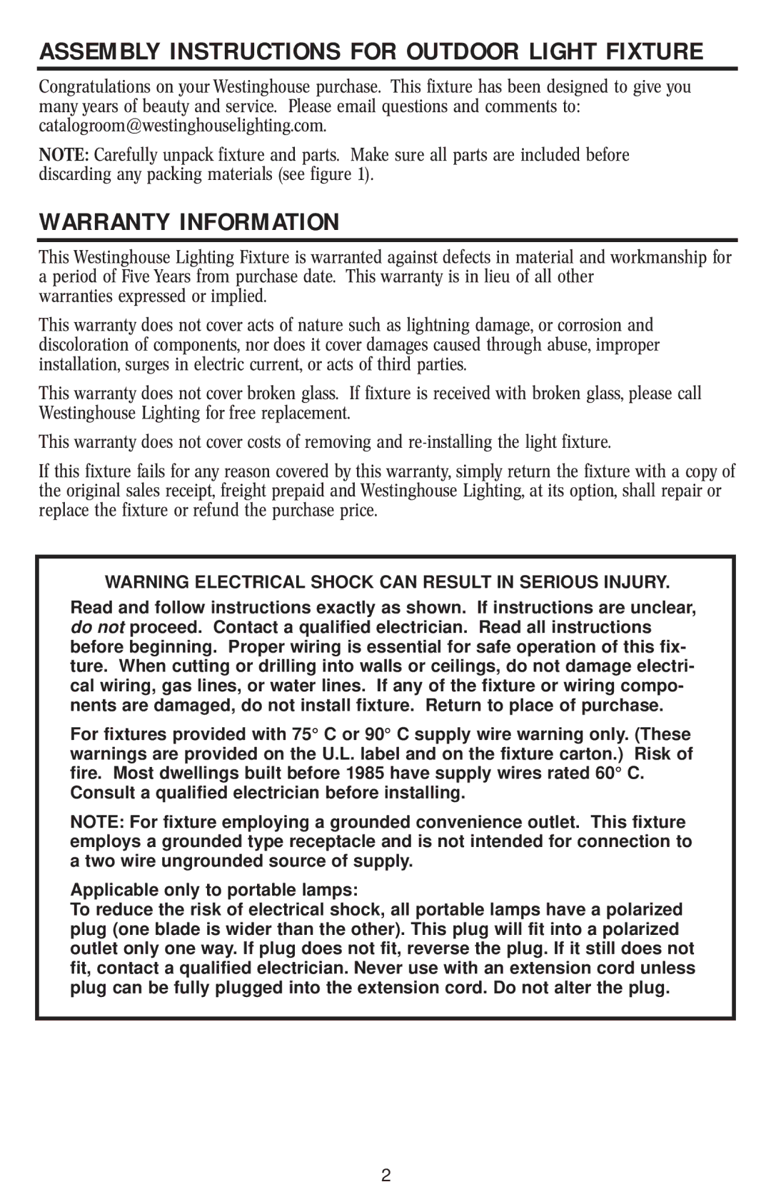 Westinghouse 30904 owner manual Warranty Information, Assembly Instructions for Outdoor Light Fixture 