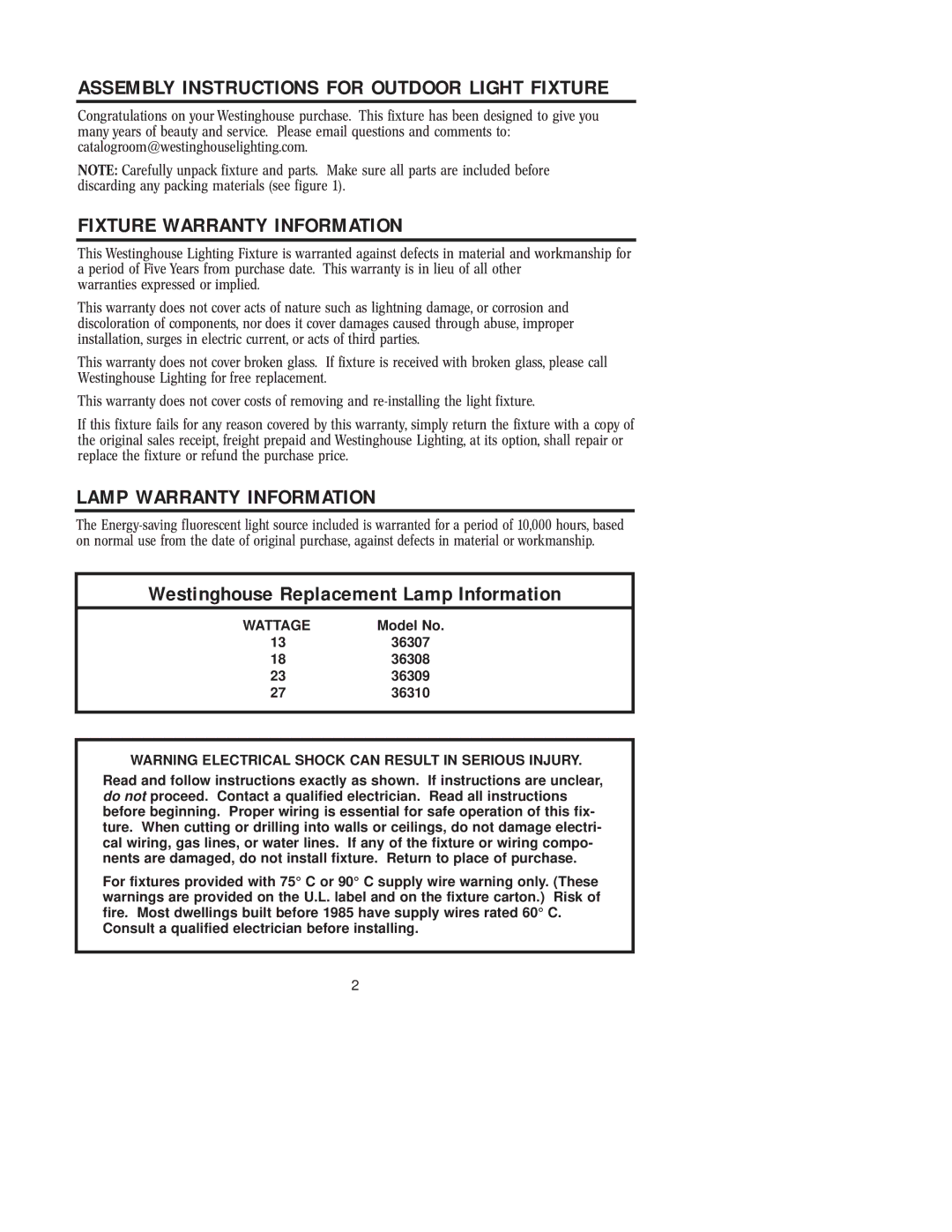 Westinghouse 36310, 36308, 36309 owner manual Fixture Warranty Information, Lamp Warranty Information 