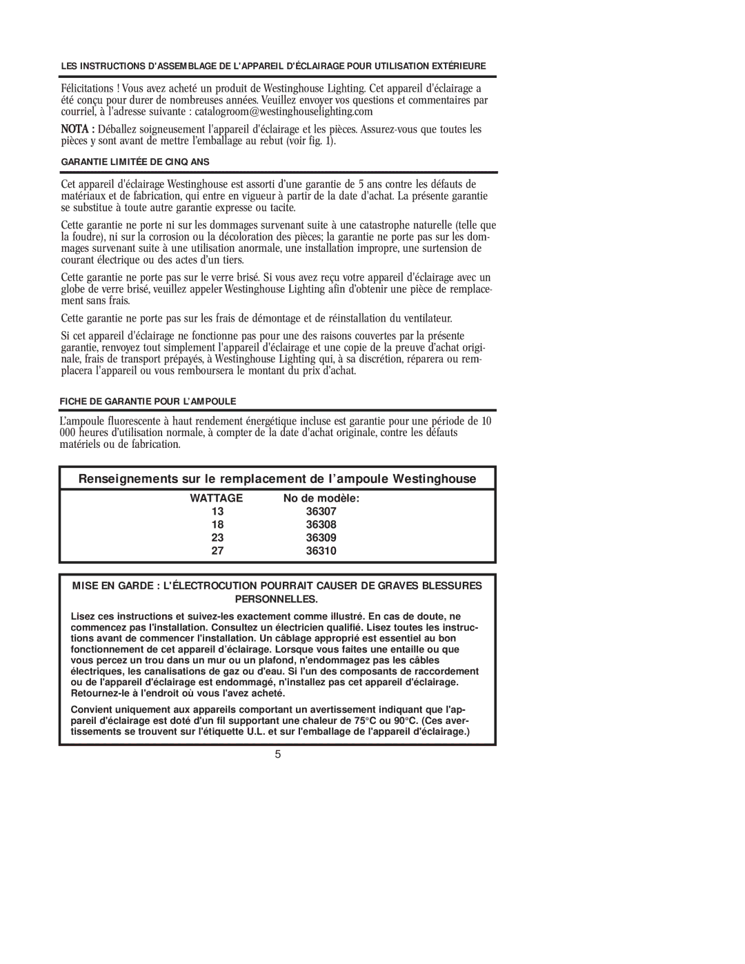 Westinghouse 36310, 36308, 36309 owner manual Personnelles 