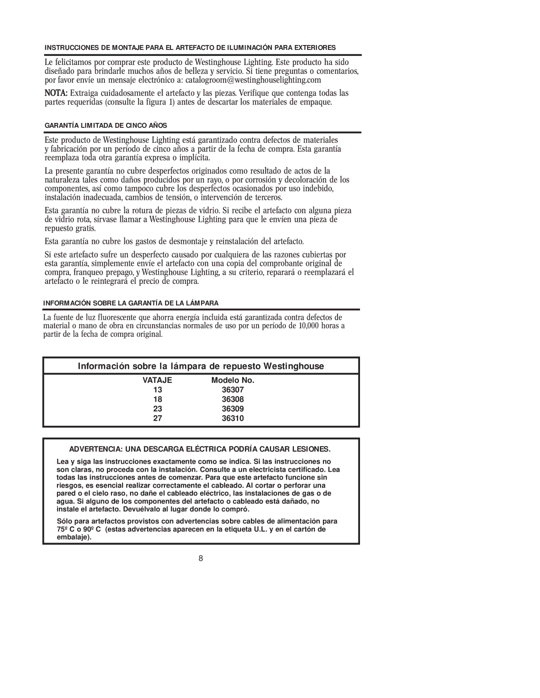 Westinghouse 36310, 36308, 36309 owner manual Información sobre la lámpara de repuesto Westinghouse 