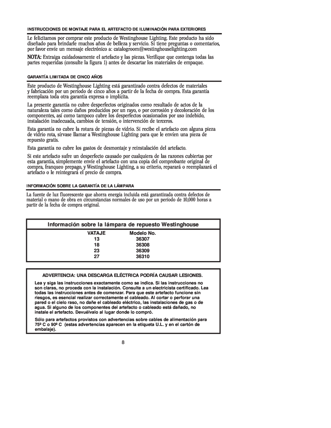 Westinghouse 36310, 36308, 36309 Garantía Limitada De Cinco Años, Información Sobre La Garantía De La Lámpara, Modelo No 