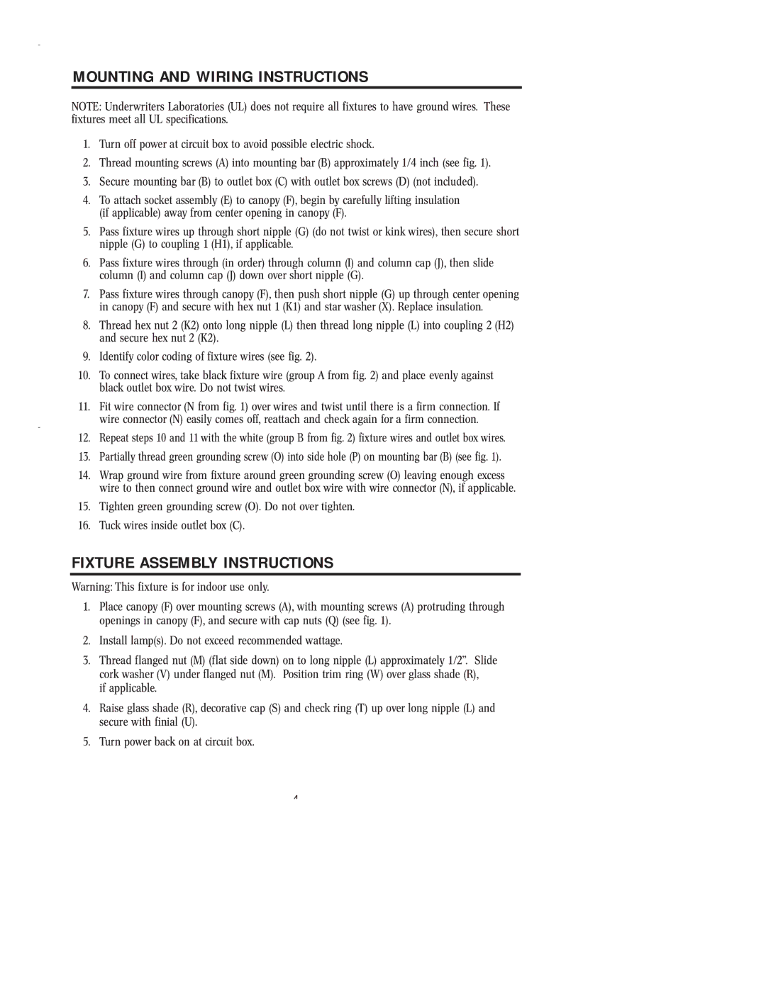 Westinghouse 43005 owner manual Mounting and Wiring Instructions, Fixture Assembly Instructions 