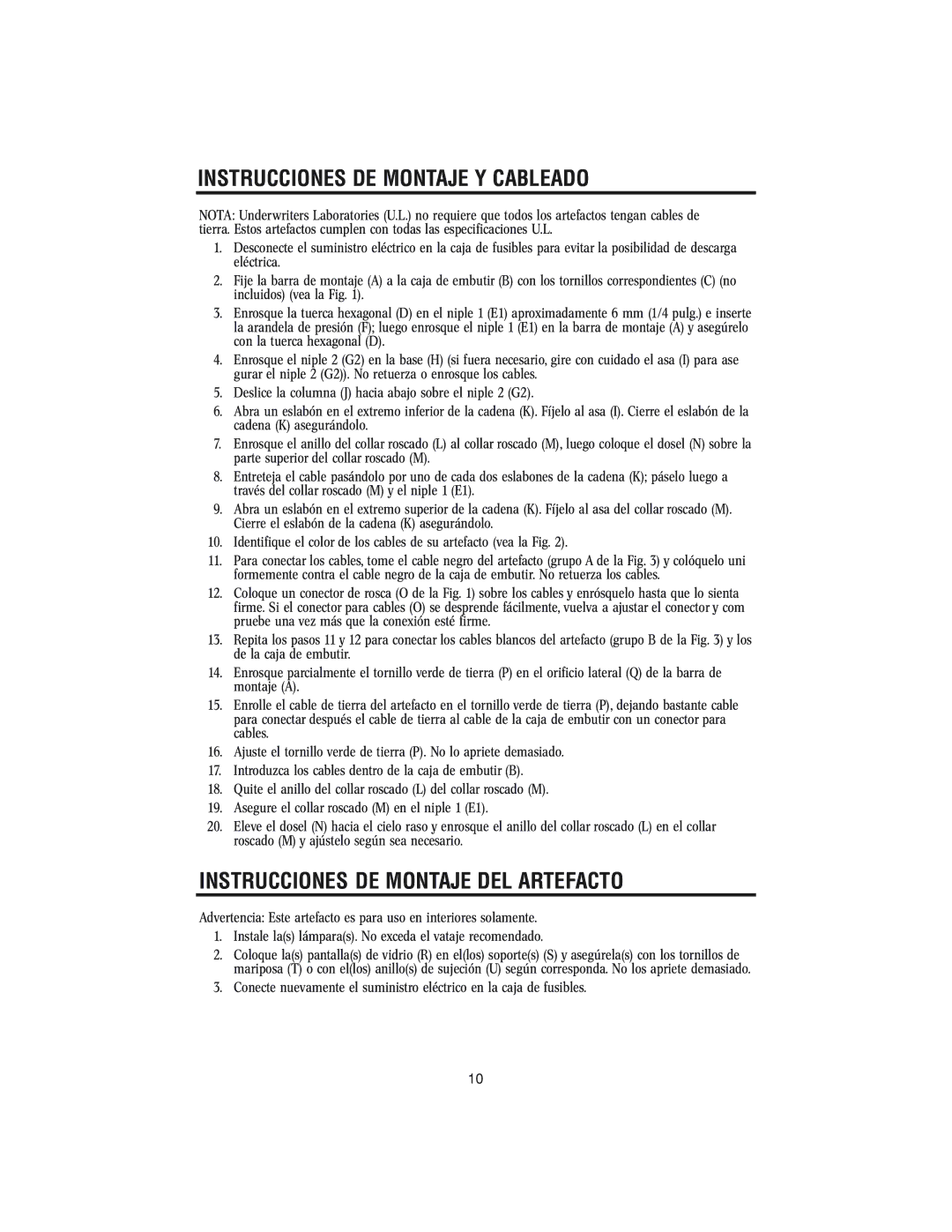 Westinghouse 62204 owner manual Instrucciones DE Montaje Y Cableado, Instrucciones DE Montaje DEL Artefacto 