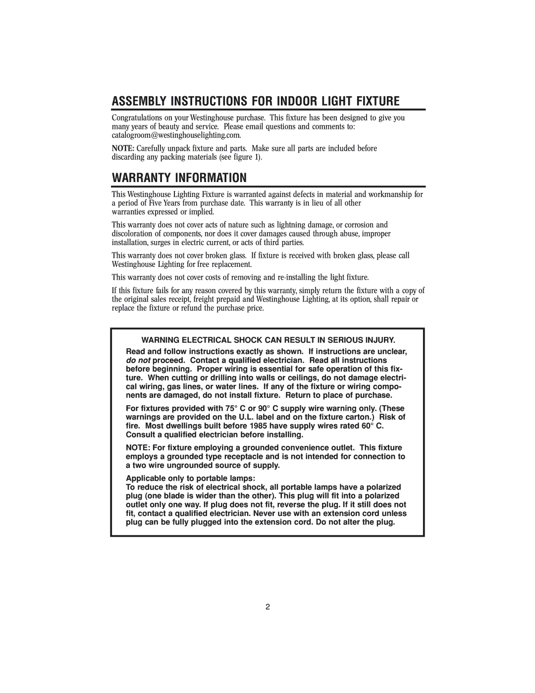 Westinghouse 62204 owner manual Assembly Instructions for Indoor Light Fixture, Warranty Information 