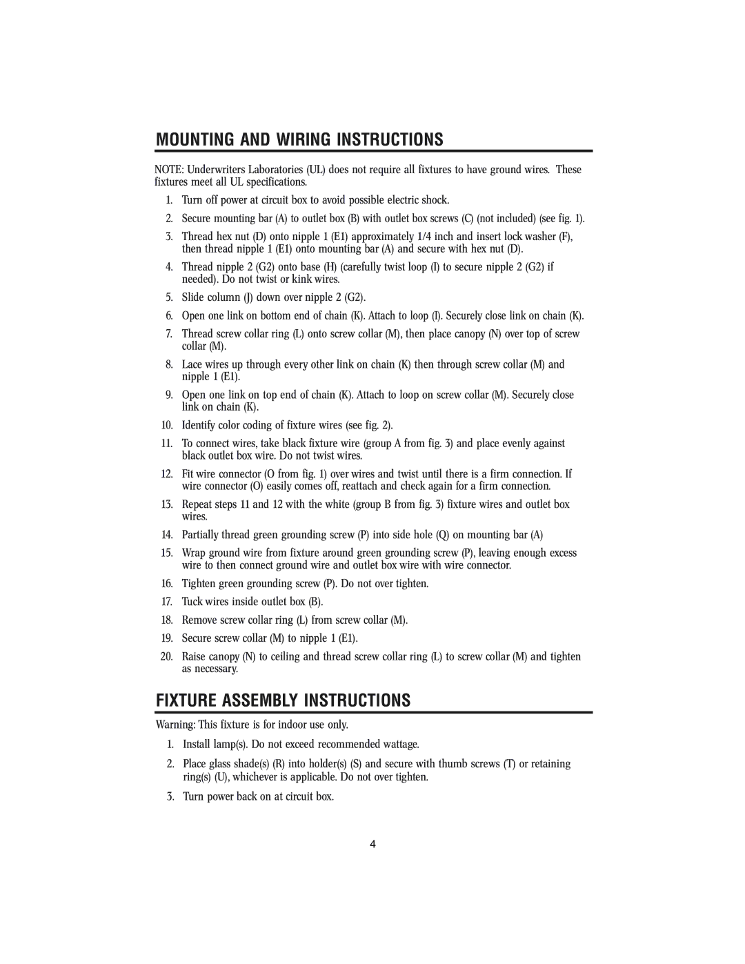 Westinghouse 62204 owner manual Mounting and Wiring Instructions, Fixture Assembly Instructions 