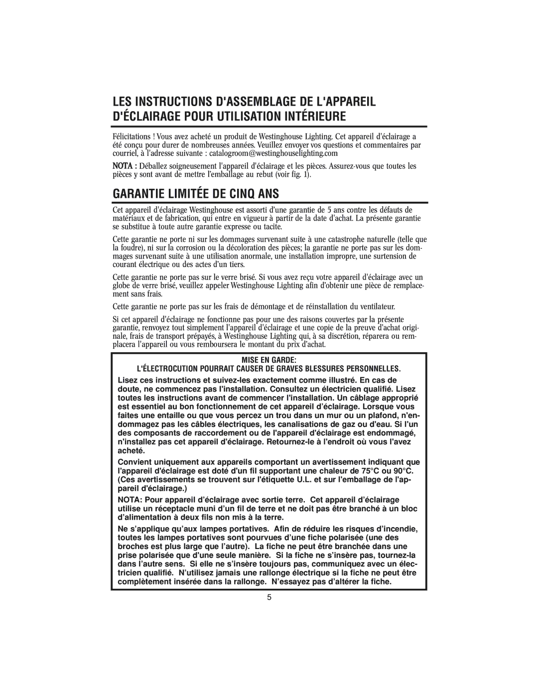 Westinghouse 62204 owner manual Garantie Limitée DE Cinq ANS 