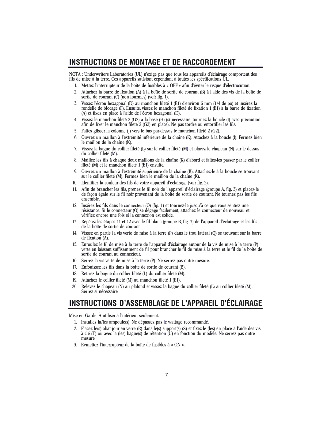 Westinghouse 62204 Instructions DE Montage ET DE Raccordement, Instructions D’ASSEMBLAGE DE Lappareil Déclairage 