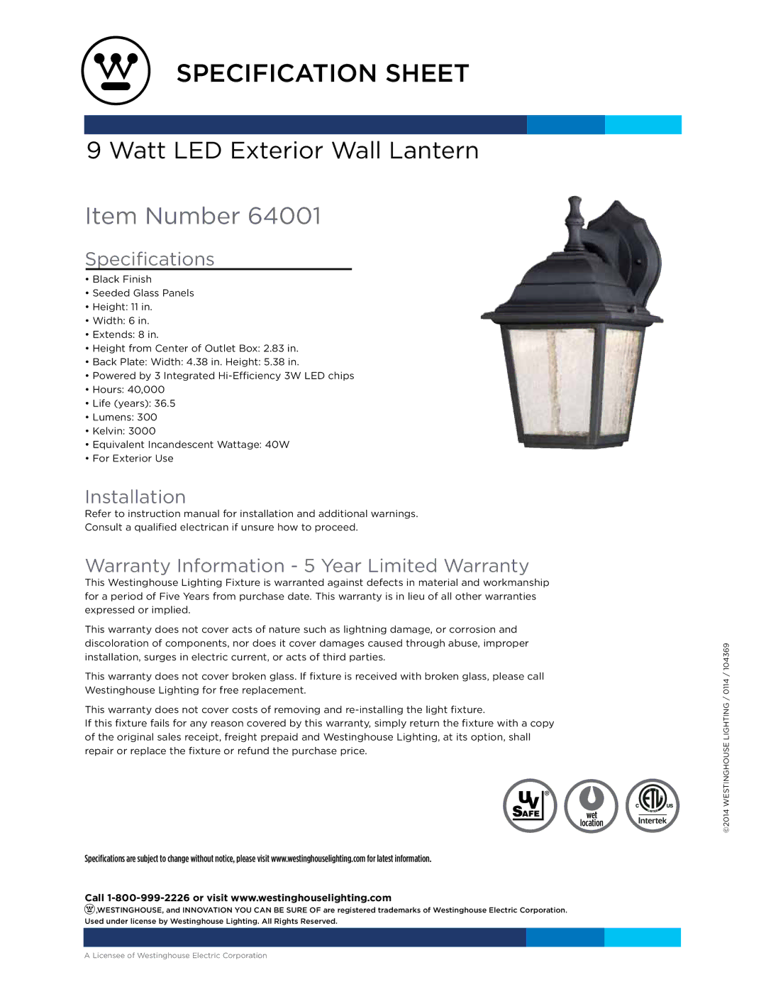 Westinghouse 64001 specifications Specification Sheet, Item Number, Specifications, Installation 