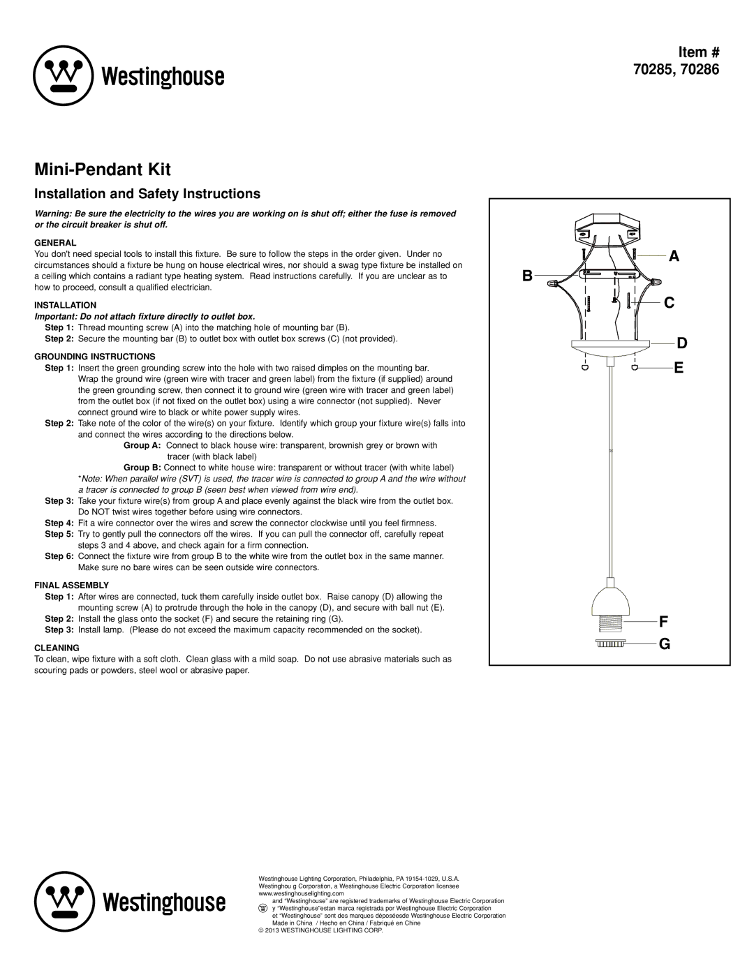 Westinghouse 70286 manual Mini-Pendant Kit, Installation and Safety Instructions, Item # 70285 