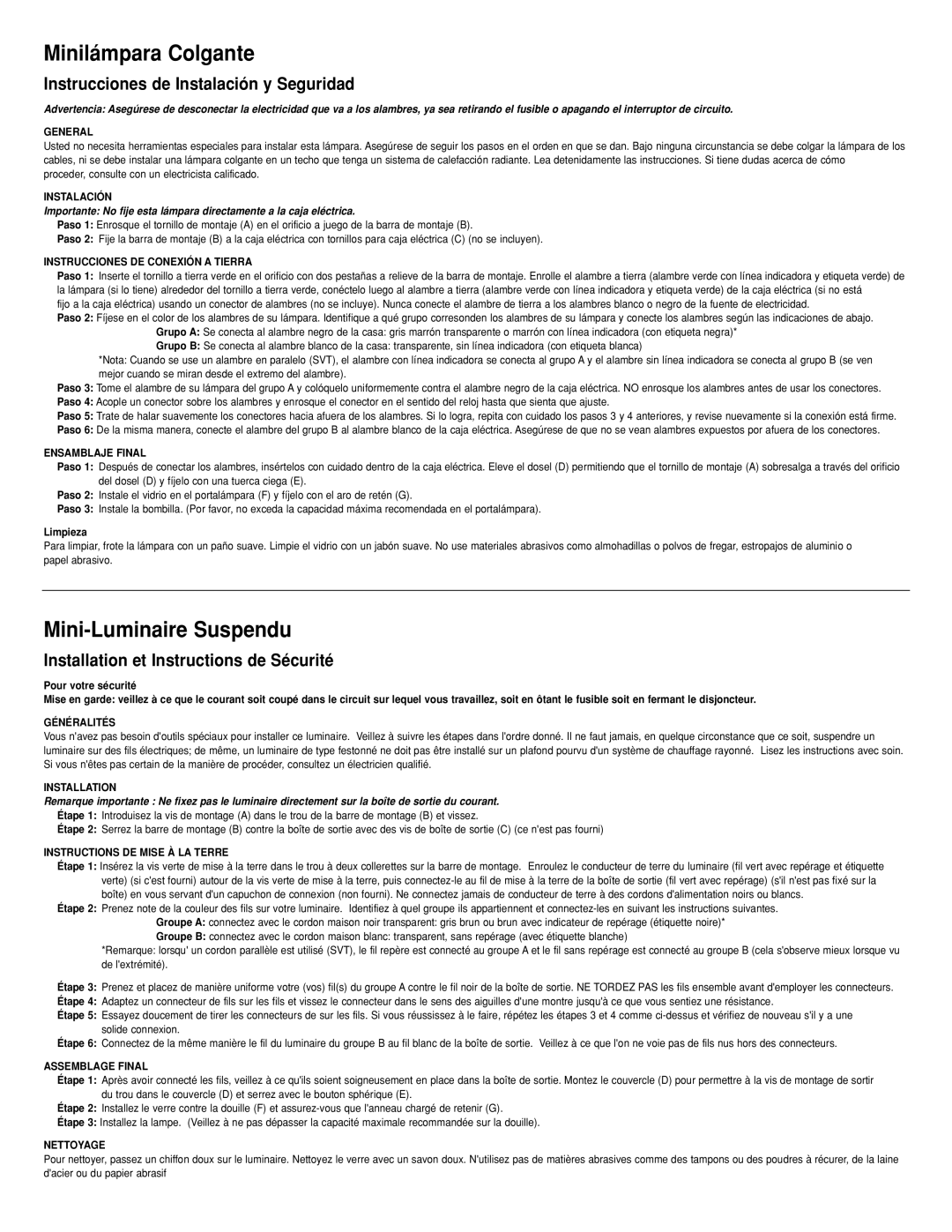 Westinghouse 70286 manual Minilámpara Colgante, Mini-Luminaire Suspendu, Instrucciones de Instalación y Seguridad 