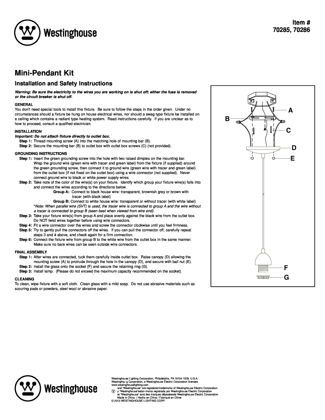 Westinghouse 70286 manual Mini-PendantKit, Installation and Safety Instructions, Item #, A B C D E F G 