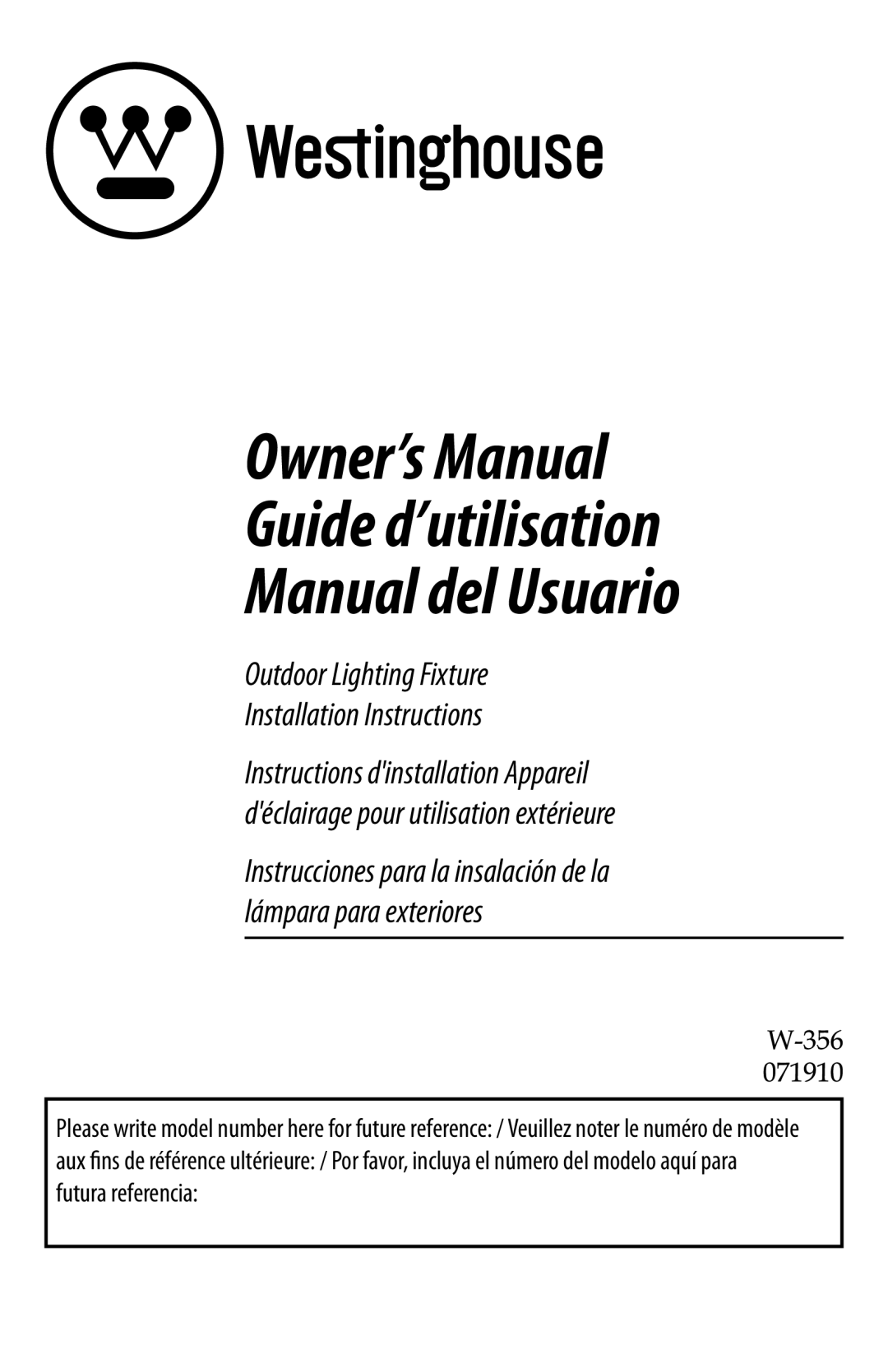 Westinghouse 71910 owner manual Outdoor Lighting Fixture Installation Instructions 