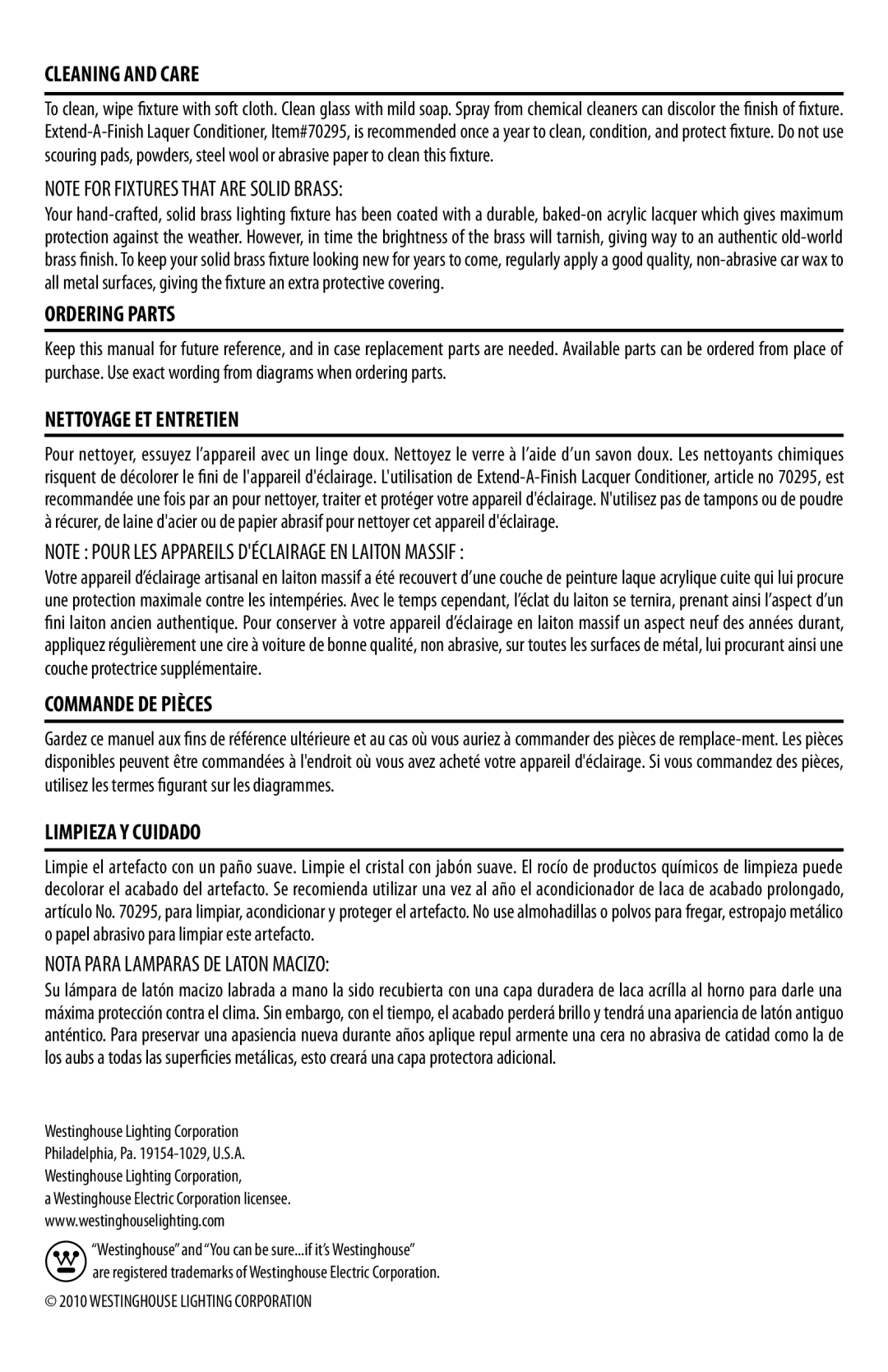 Westinghouse 71910 owner manual Cleaning and Care 