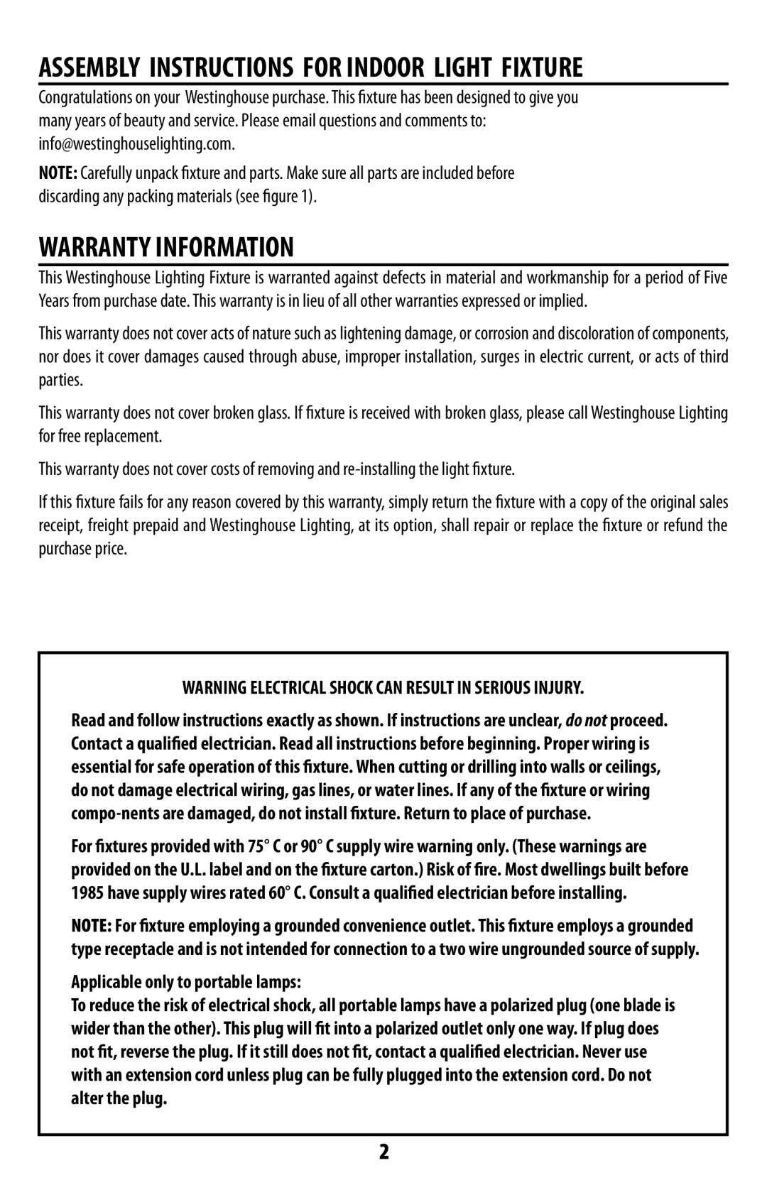 Westinghouse 71910 owner manual Warranty Information, Assembly Instructions for Indoor Light Fixture 