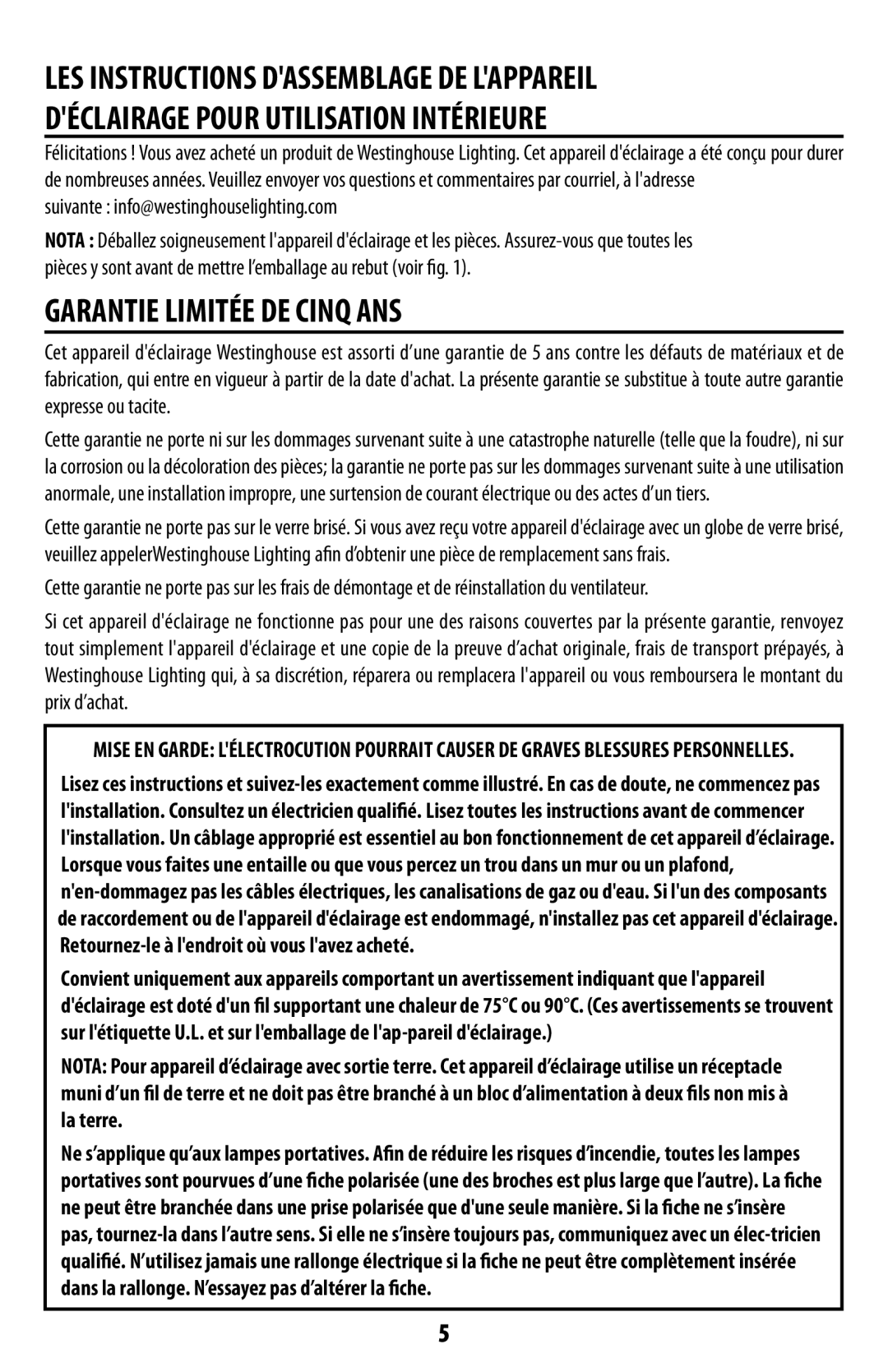 Westinghouse 71910 owner manual Déclairage Pour Utilisation Intérieure, Garantie Limitée DE Cinq ANS 