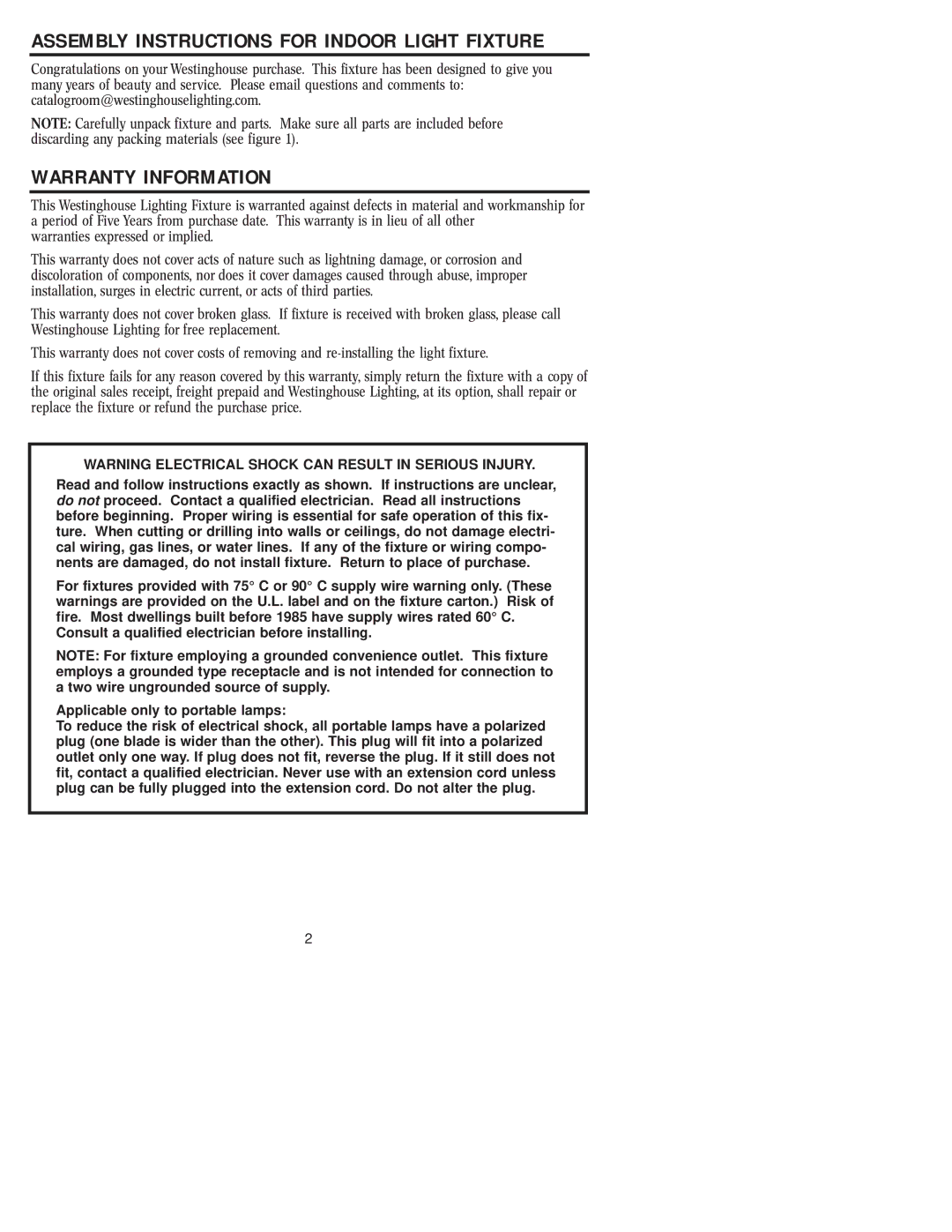 Westinghouse 72404 owner manual Warranty Information, Assembly Instructions for Indoor Light Fixture 