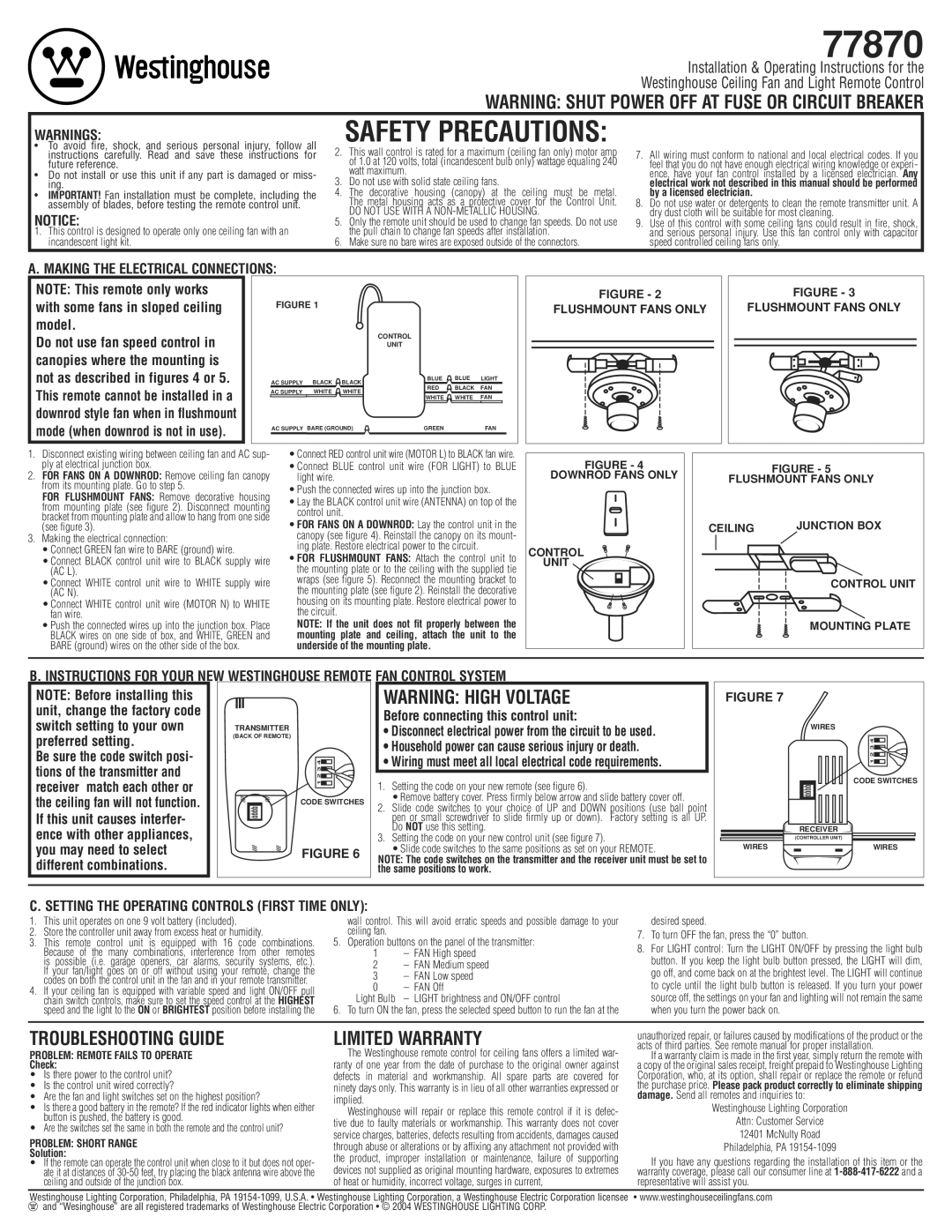 Westinghouse 77870 warranty By a licensed electrician, Problem Remote Fails to Operate, Check, Problem Short Range 