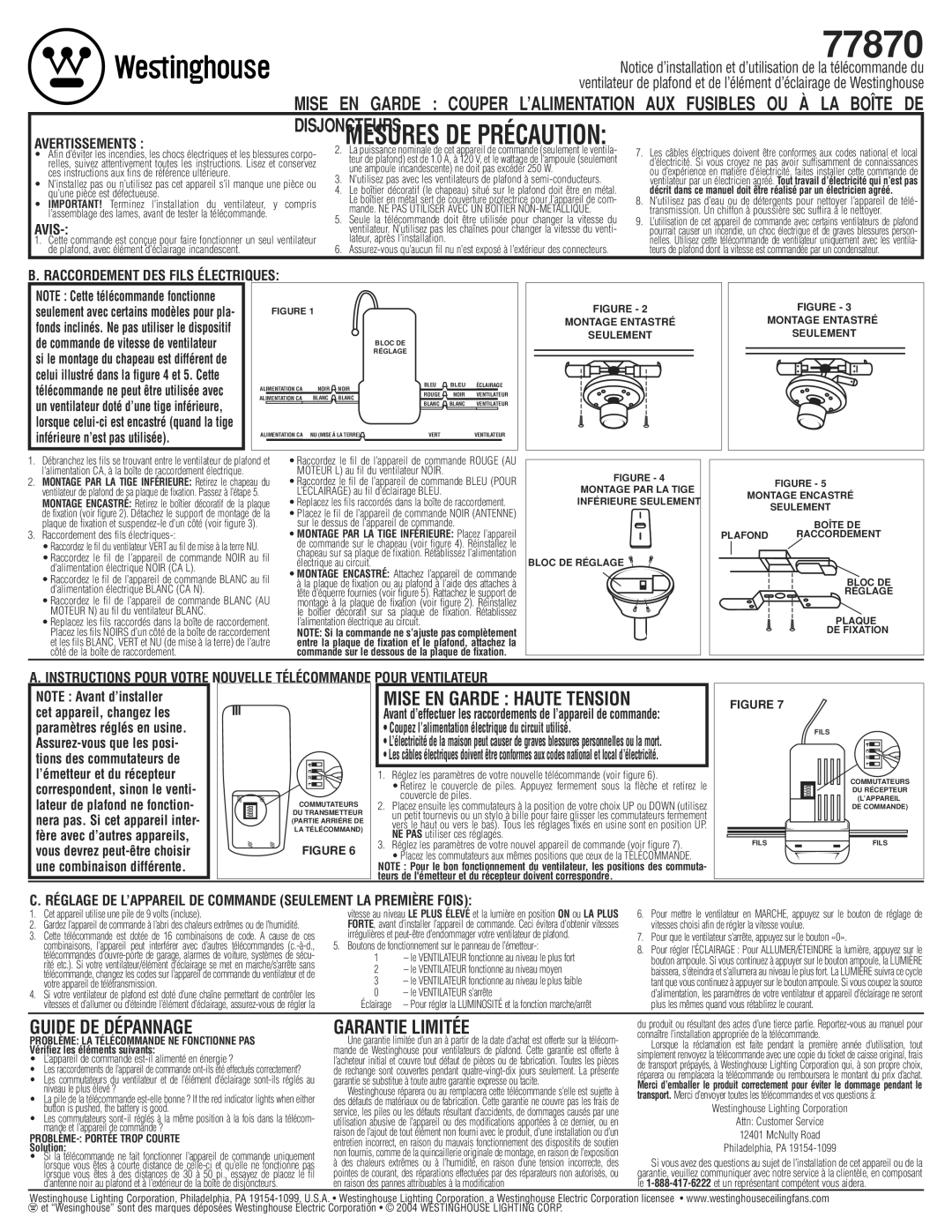 Westinghouse 77870 Teurs de lémetteur et du récepteur doivent correspondre, Problème La télécommande ne fonctionne pas 