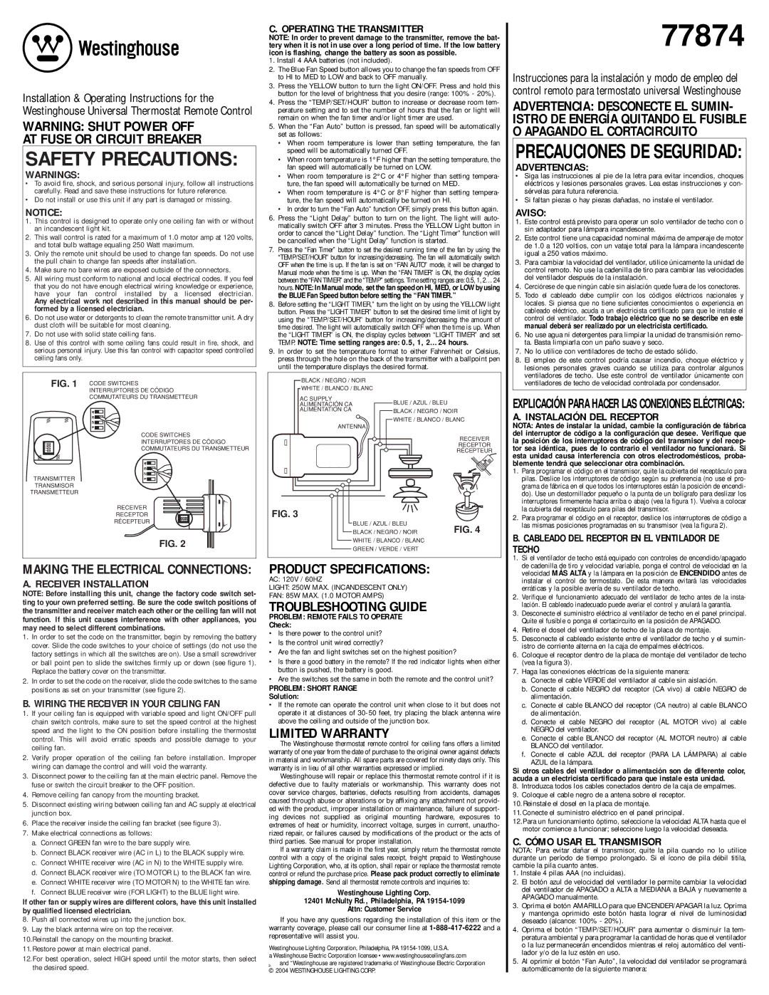 Westinghouse 77874 specifications Making the Electrical Connections Receiver Installation 