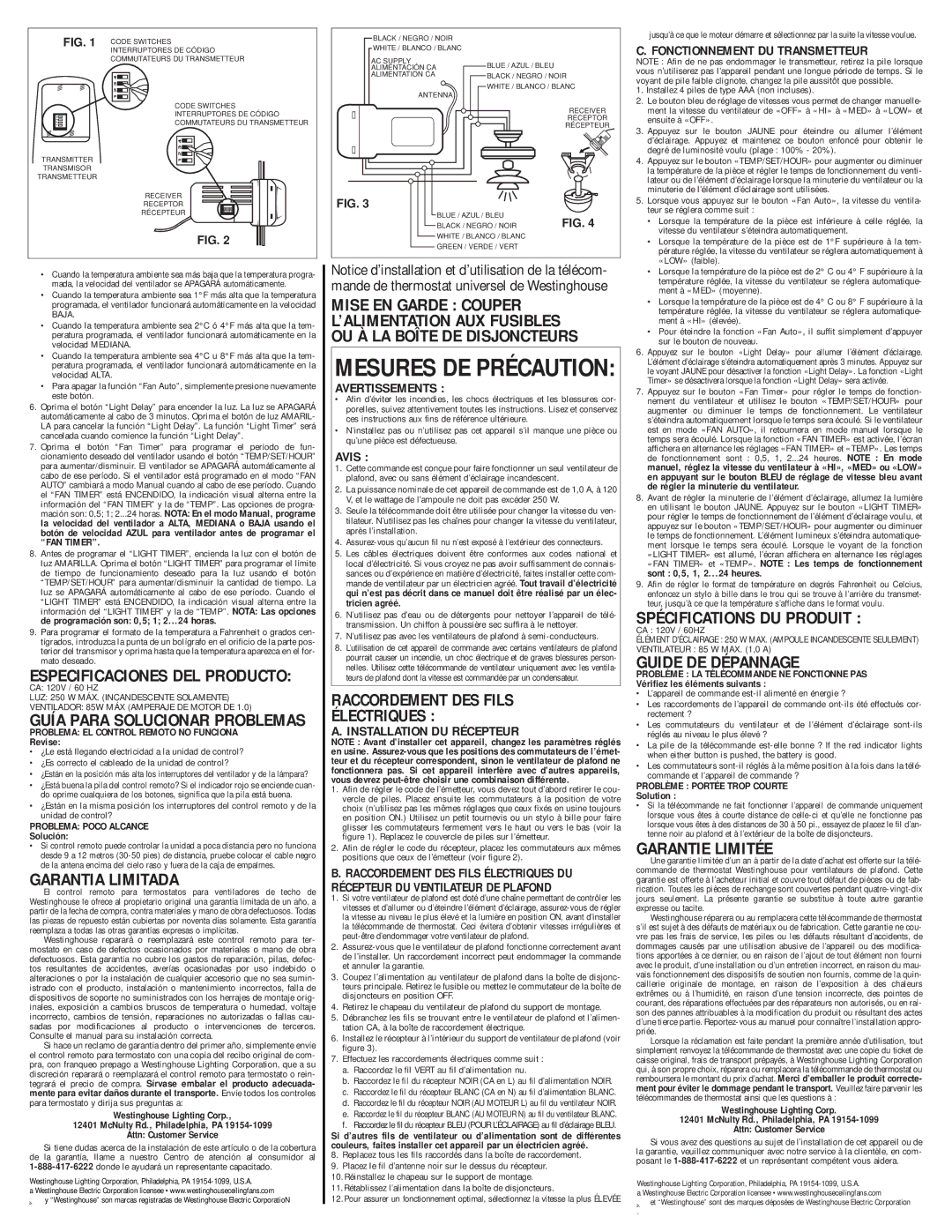 Westinghouse 77874 specifications Fonctionnement DU Transmetteur, Avertissements, Avis, Installation DU Récepteur 