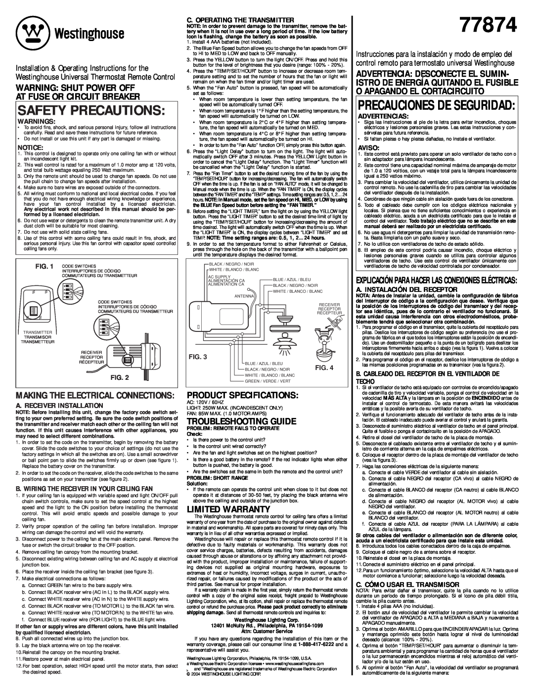 Westinghouse 77874 specifications Warnings, Making The Electrical Connections, A. Receiver Installation, Limited Warranty 
