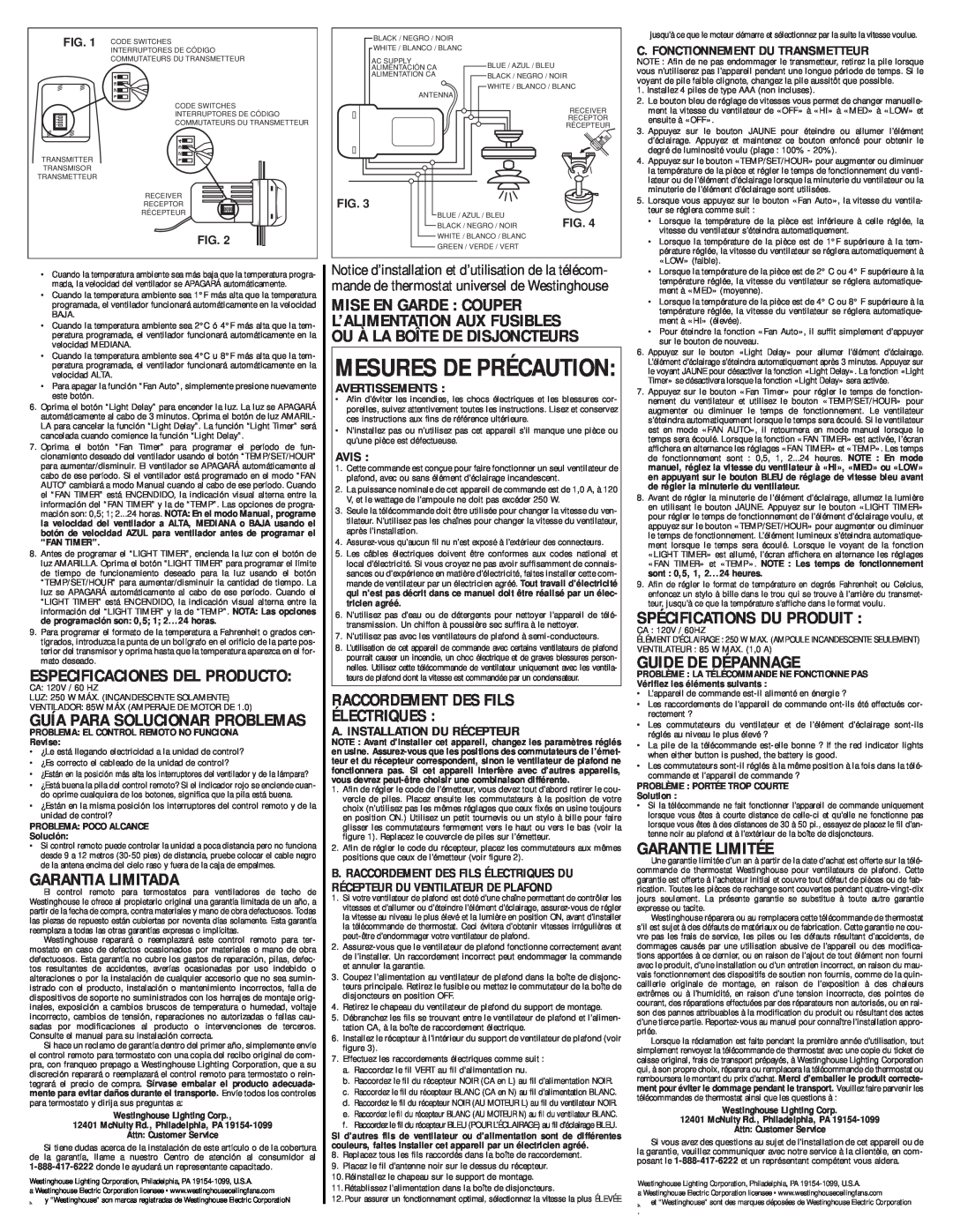 Westinghouse 77874 C. Fonctionnement Du Transmetteur, Avertissements, Avis, A. Installation Du Récepteur, Garantie Limitée 