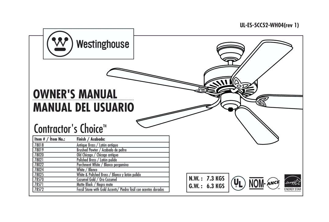 Westinghouse 78570, 78024, 78020, 78021, 78572, 78025, 78571, 78022, 78019, 78018 owner manual Manual DEL Usuario 