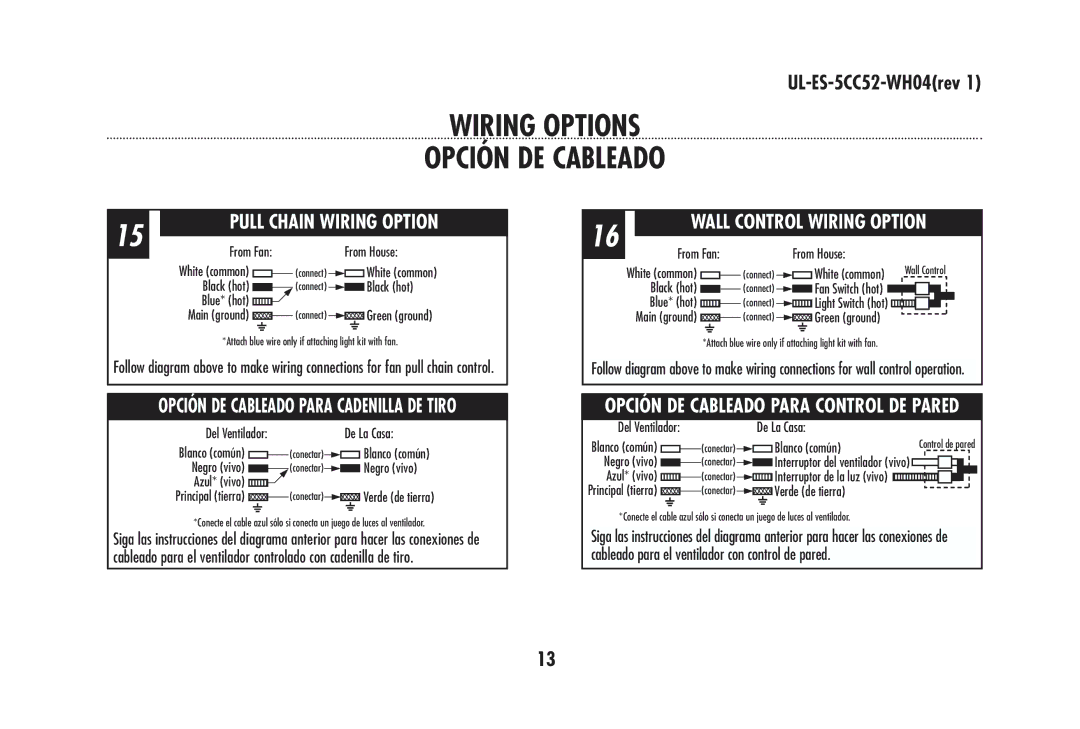 Westinghouse 78021, 78024, 78570, 78020, 78572, 78025, 78571 Wiring Options Opción DE Cableado, Wall Control Wiring Option 