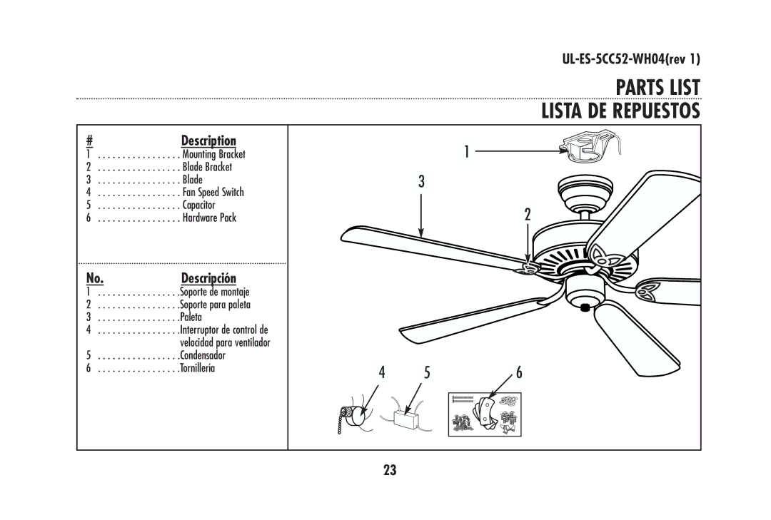 Westinghouse 78021, 78024, 78570, 78020, 78572, 78025, 78571, 78022, 78019, 78018 owner manual Parts List Lista DE Repuestos 