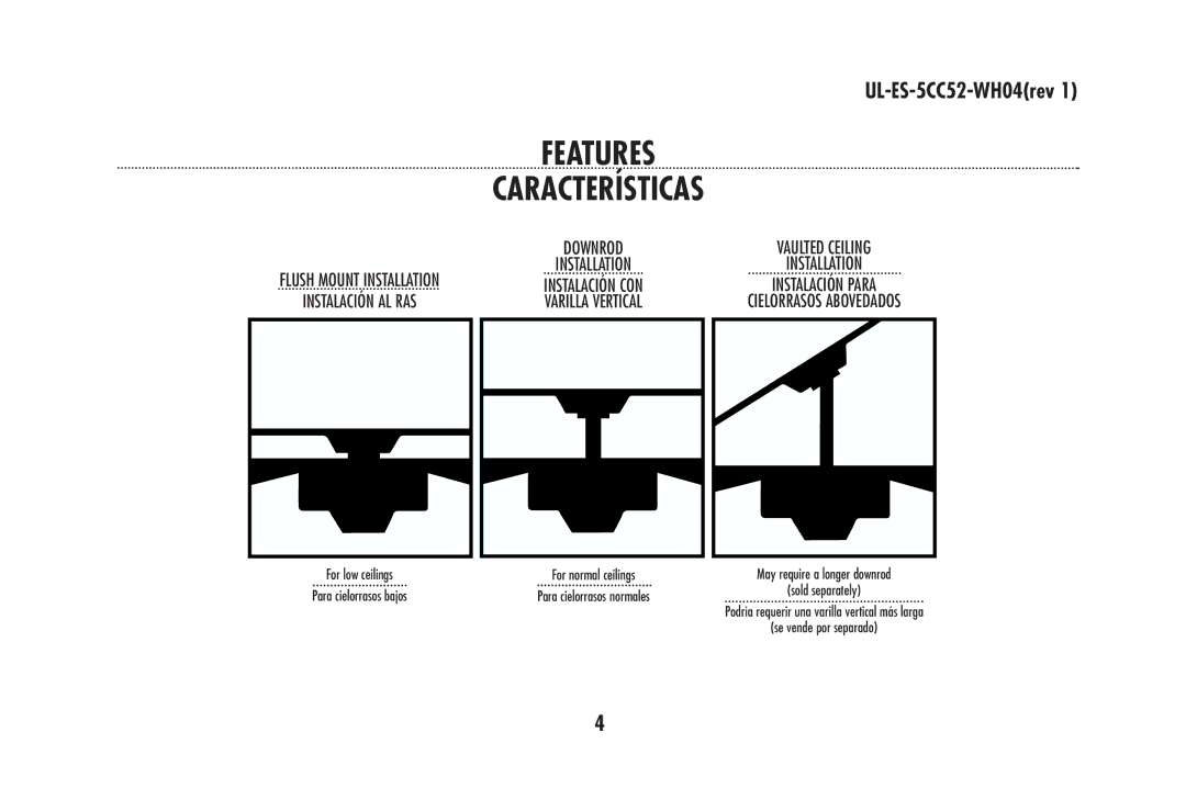 Westinghouse 78572, 78024, 78570, 78020, 78021, 78025, 78571, 78022, 78019, 78018 owner manual Features Características 