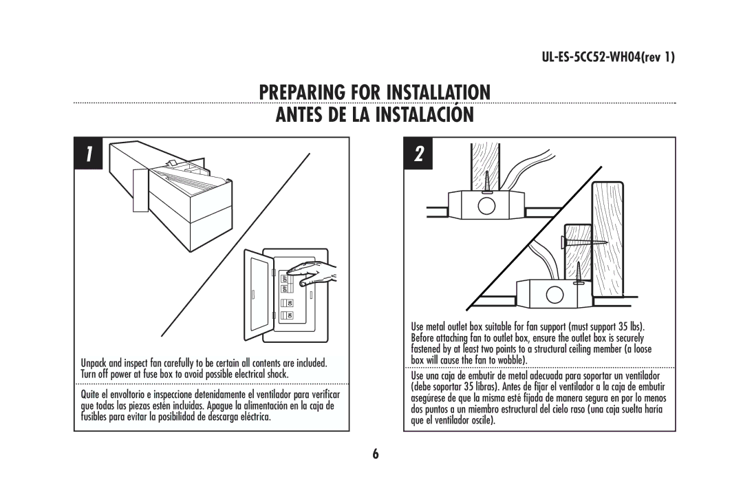 Westinghouse 78571, 78024, 78570, 78020, 78021, 78572, 78025, 78022, 78019 Preparing for Installation Antes DE LA Instalación 