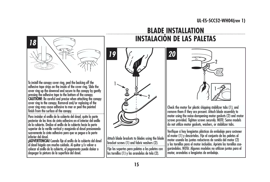 Westinghouse 78571, 78024, 78570, 78020, 78021, 78572, 78025, 78022, 78019 Blade Installation Instalación DE LAS Paletas 