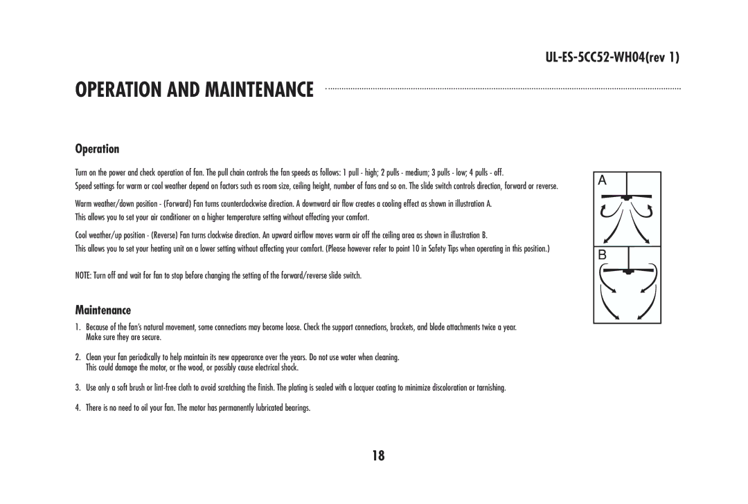 Westinghouse 78024, 78570, 78020, 78021, 78572, 78025, 78571, 78022, 78019 owner manual Operation and Maintenance 