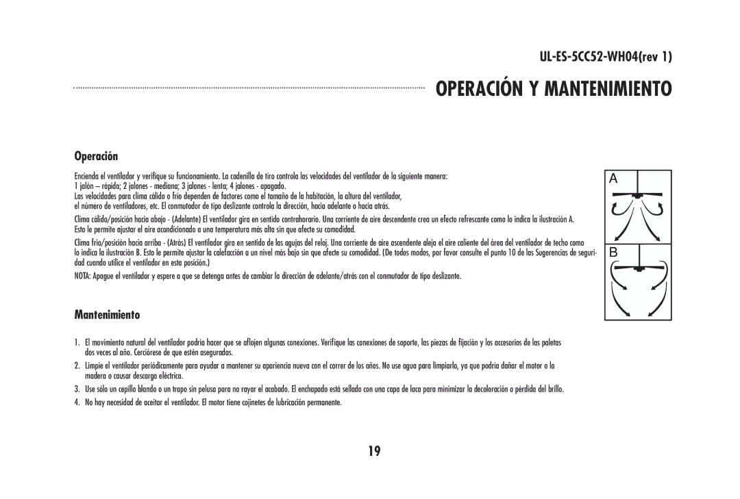 Westinghouse 78570, 78024, 78020, 78021, 78572, 78025, 78571, 78022, 78019 owner manual Operación Y Mantenimiento 