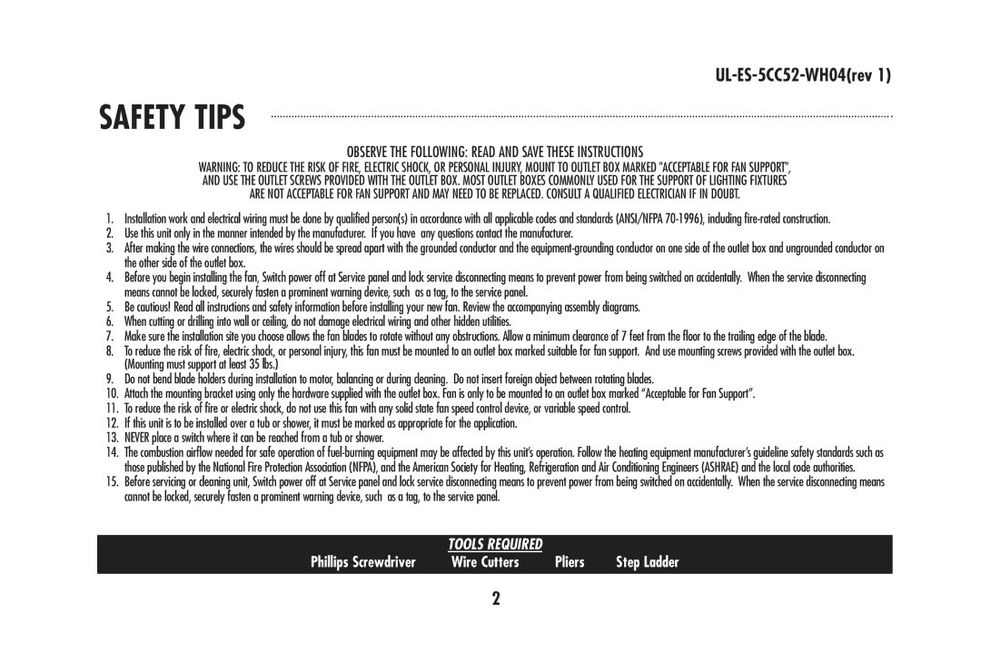 Westinghouse 78020, 78024, 78570, 78021, 78572, 78025 Safety Tips, Observe the Following Read and Save These Instructions 