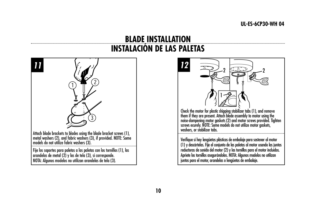 Westinghouse 78108 Blade Installation Instalación DE LAS Paletas, Nota Algunos modelos no utilizan arandelas de tela 