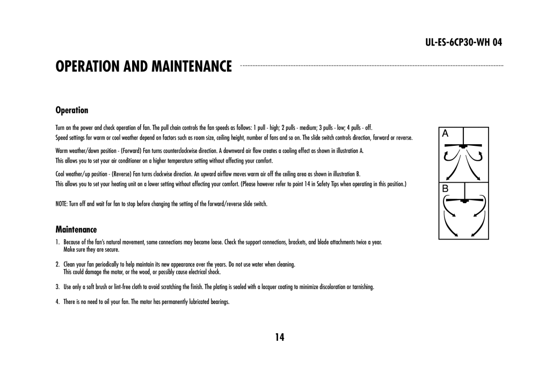 Westinghouse 78108, 78603 owner manual Operation and Maintenance 